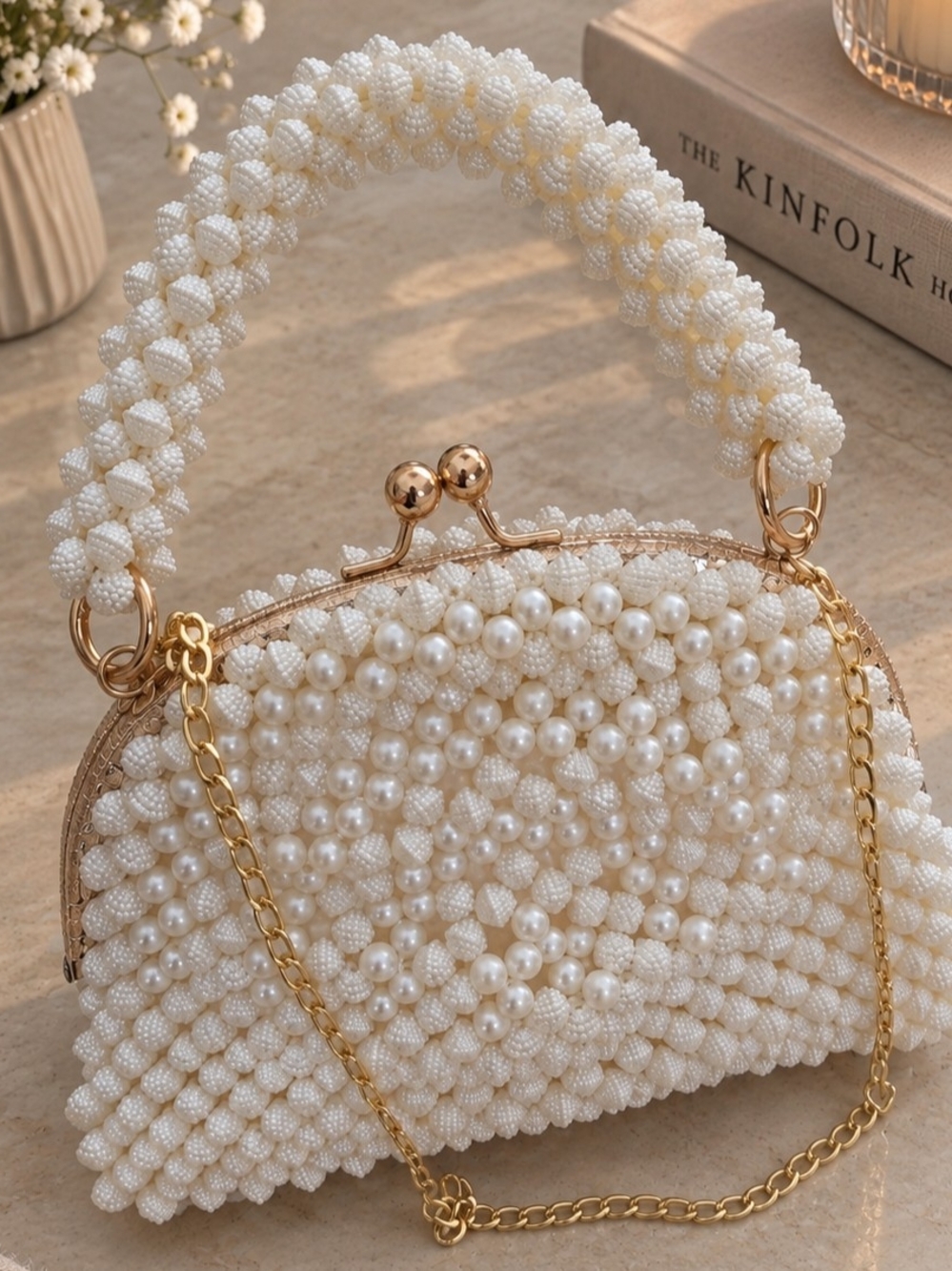 Pearl-Embellished Cream Beaded Evening Clutch with Gold Chain